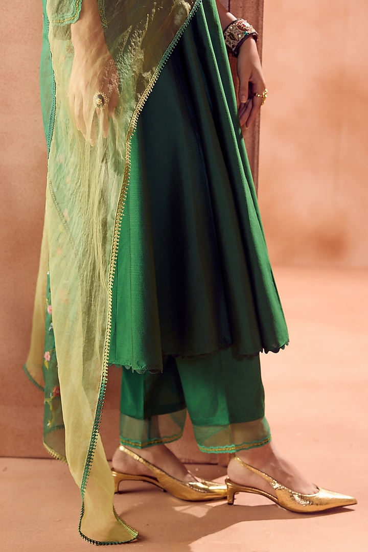 Green Cotton Silk Blend Floral Embroidered Wedding Anarkali Set by Devnaagri at Pernia's Pop Up Shop