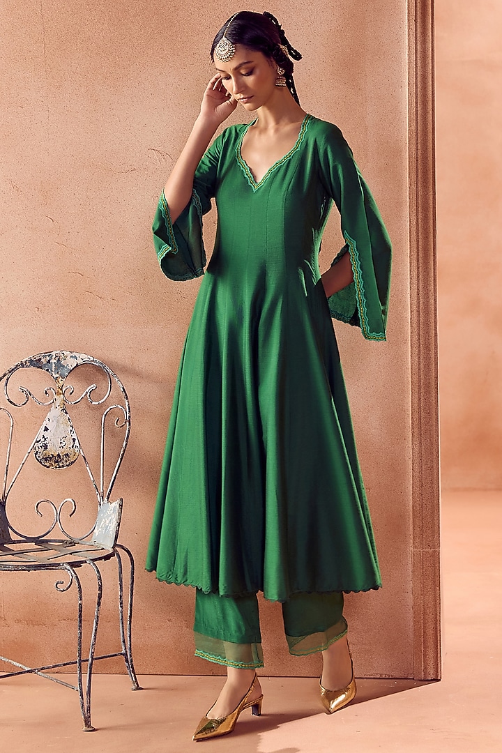 Green Cotton Silk Blend Floral Embroidered Wedding Anarkali Set by Devnaagri at Pernia's Pop Up Shop