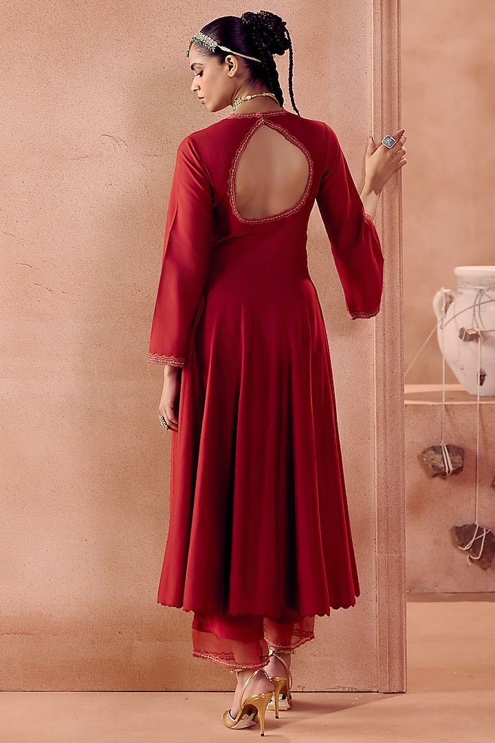Maroon Cotton Silk Blend Floral Embroidered Wedding Anarkali Set by Devnaagri at Pernia's Pop Up Shop