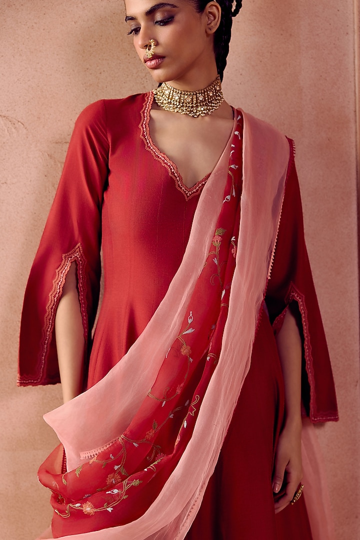 Maroon Cotton Silk Blend Floral Embroidered Wedding Anarkali Set by Devnaagri at Pernia's Pop Up Shop