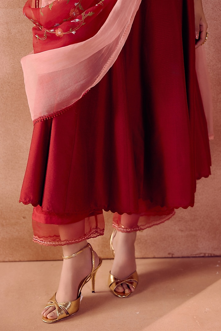 Maroon Cotton Silk Blend Floral Embroidered Wedding Anarkali Set by Devnaagri at Pernia's Pop Up Shop