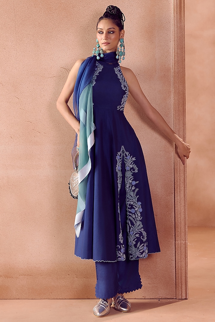 Blue Cotton Silk Blend Dori Embroidered Wedding Anarkali Set by Devnaagri at Pernia's Pop Up Shop