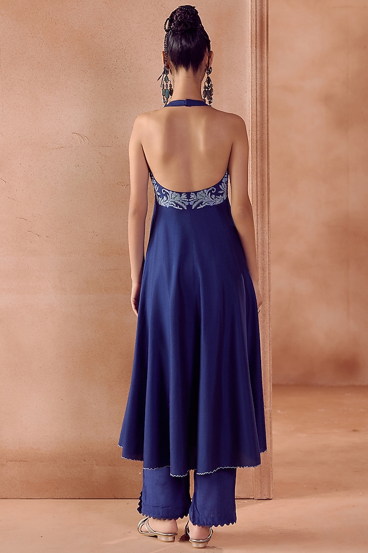 Blue Cotton Silk Blend Dori Embroidered Wedding Anarkali Set by Devnaagri at Pernia's Pop Up Shop