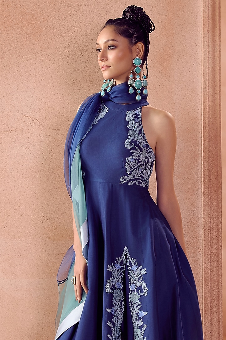 Blue Cotton Silk Blend Dori Embroidered Wedding Anarkali Set by Devnaagri at Pernia's Pop Up Shop