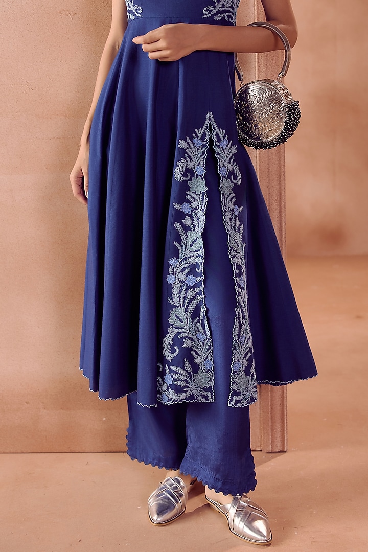 Blue Cotton Silk Blend Dori Embroidered Wedding Anarkali Set by Devnaagri at Pernia's Pop Up Shop