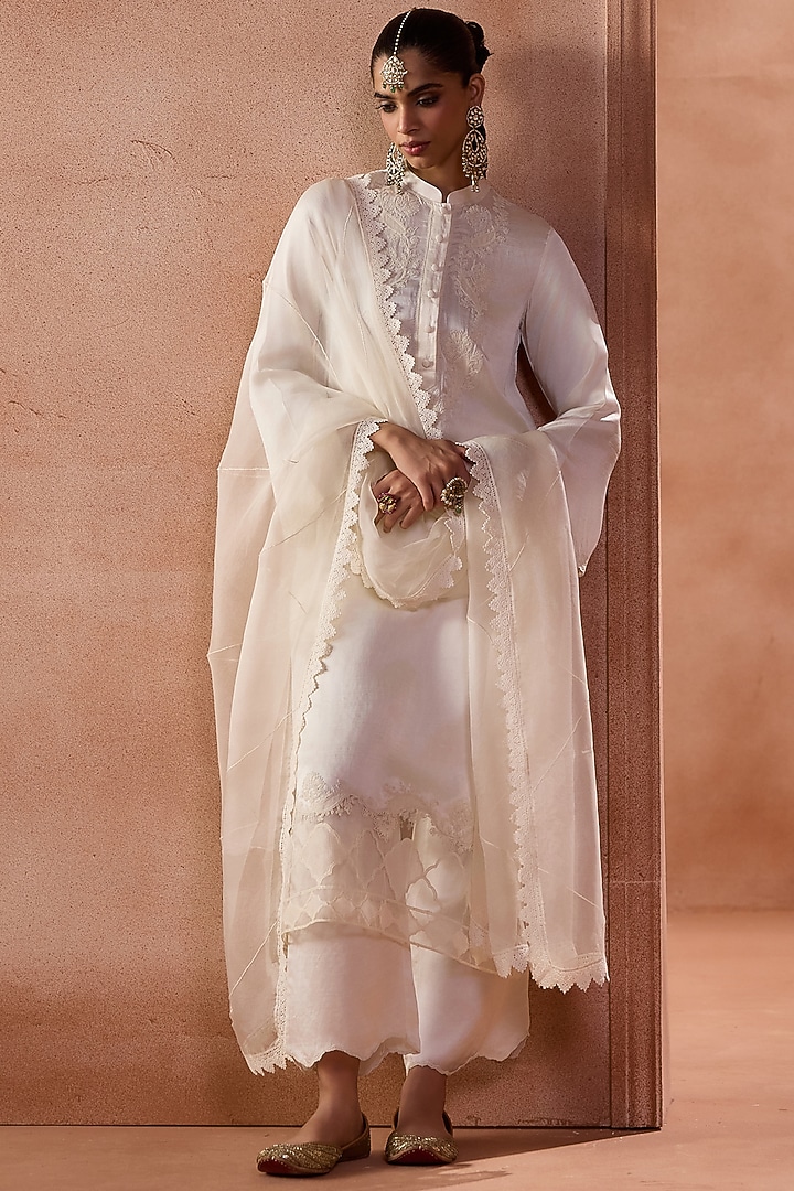 Ivory Raw Silk Satin Dori Embroidered Kurta Set by Devnaagri at Pernia's Pop Up Shop