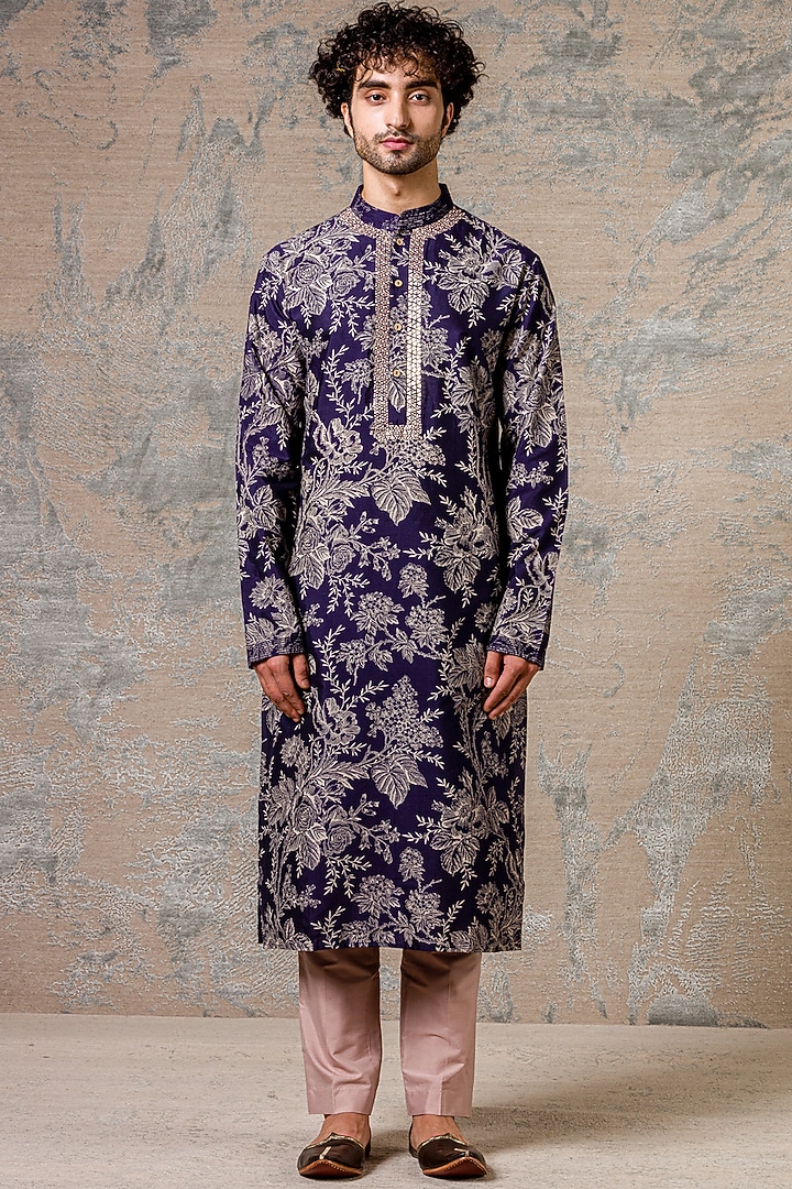 Navy Blue Embroidered Kurta Set by Devnaagri Men at Pernia's Pop Up Shop