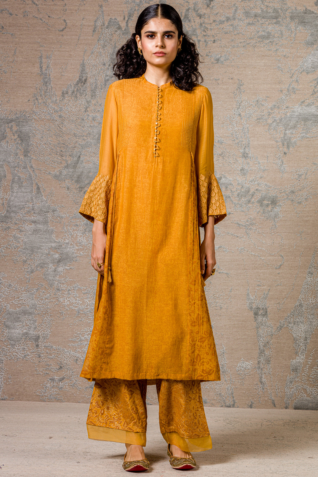 Mustard Embroidered Kurta Set by Devnaagri