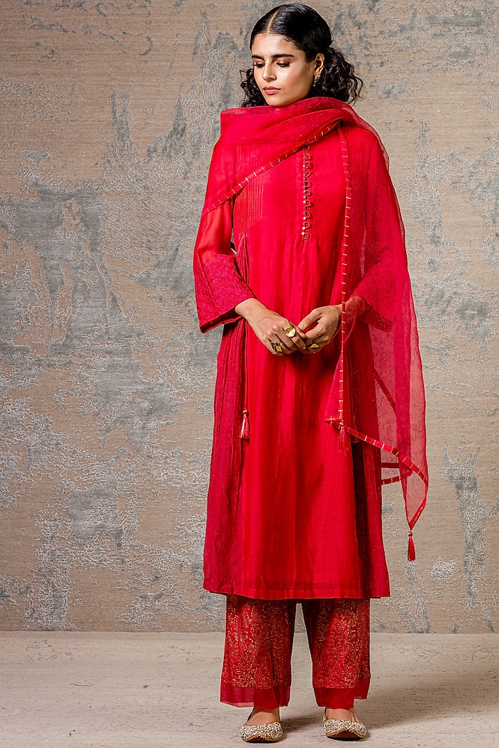Red Printed & Embroidered Kurta Set by Devnaagri