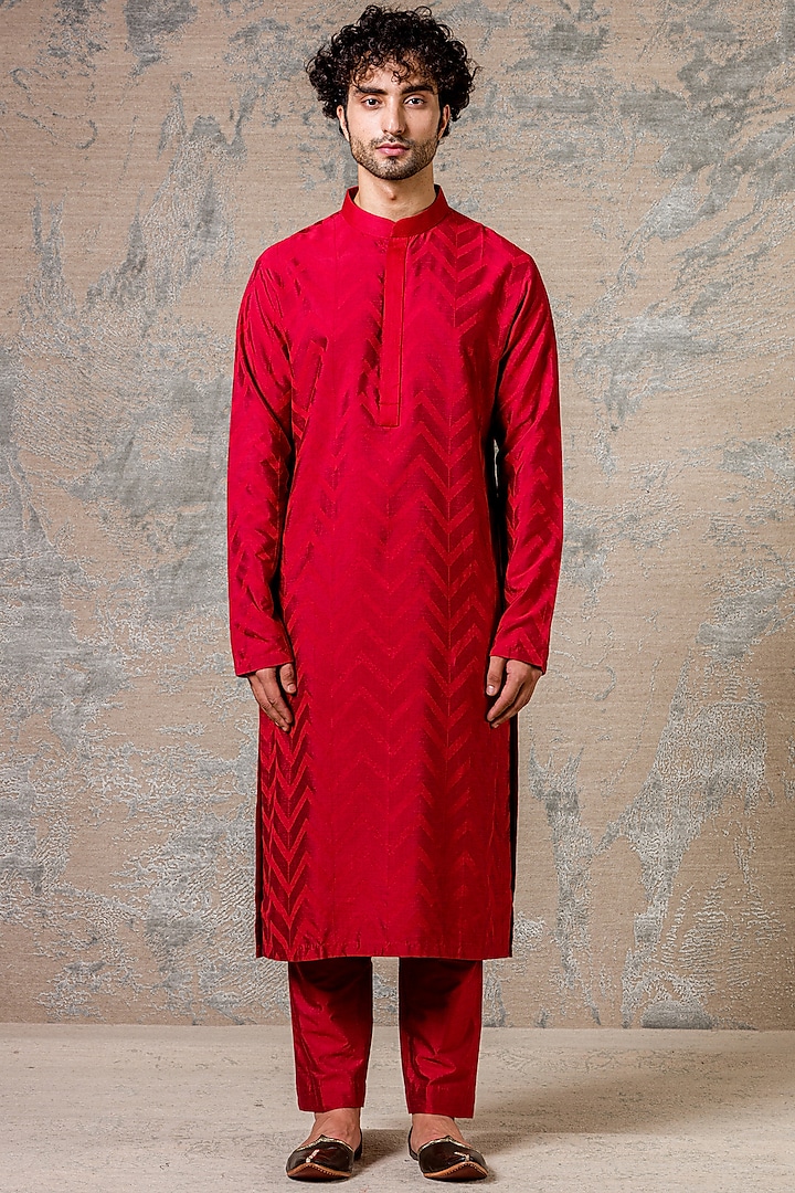 Scarlet Red Embroidered Kurta Set by Devnaagri Men
