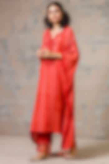 Rust Red Embroidered Kurta With Pants by Devnaagri