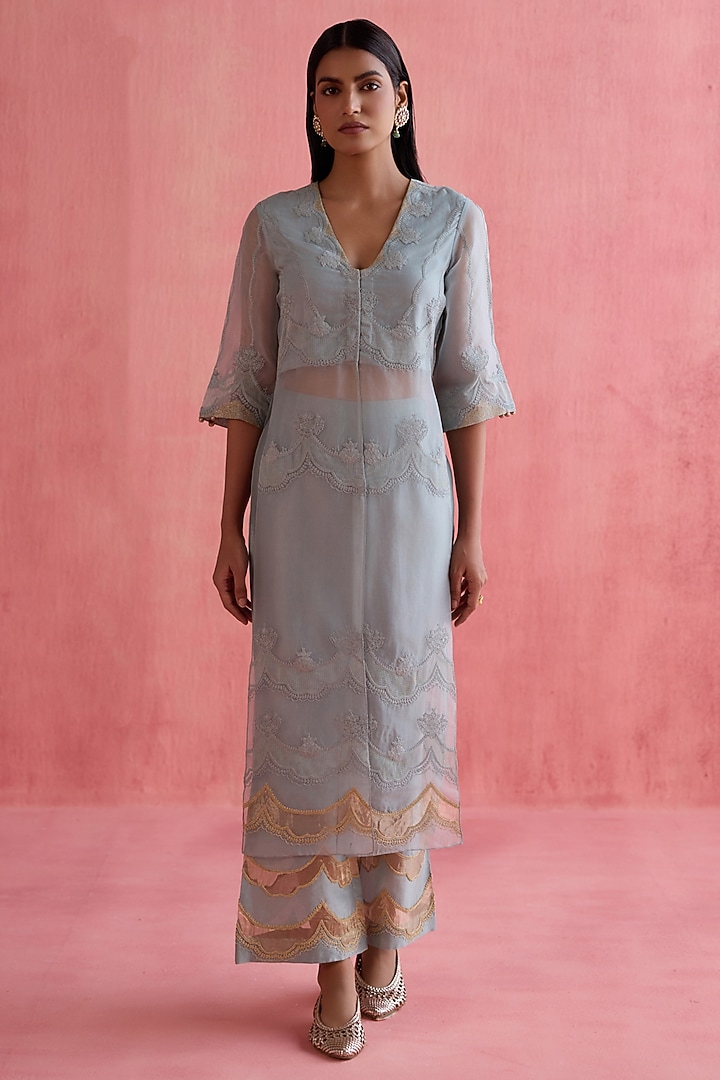 Blue Silk Chanderi Dori Embroidered Kurta Set by Devnaagri at Pernia's Pop Up Shop
