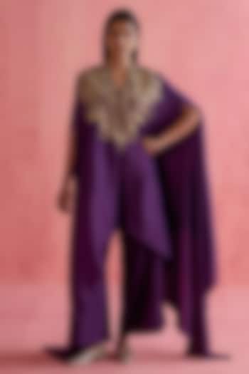Purple Silk Chanderi Zari Embroidered Cape Set by Devnaagri at Pernia's Pop Up Shop