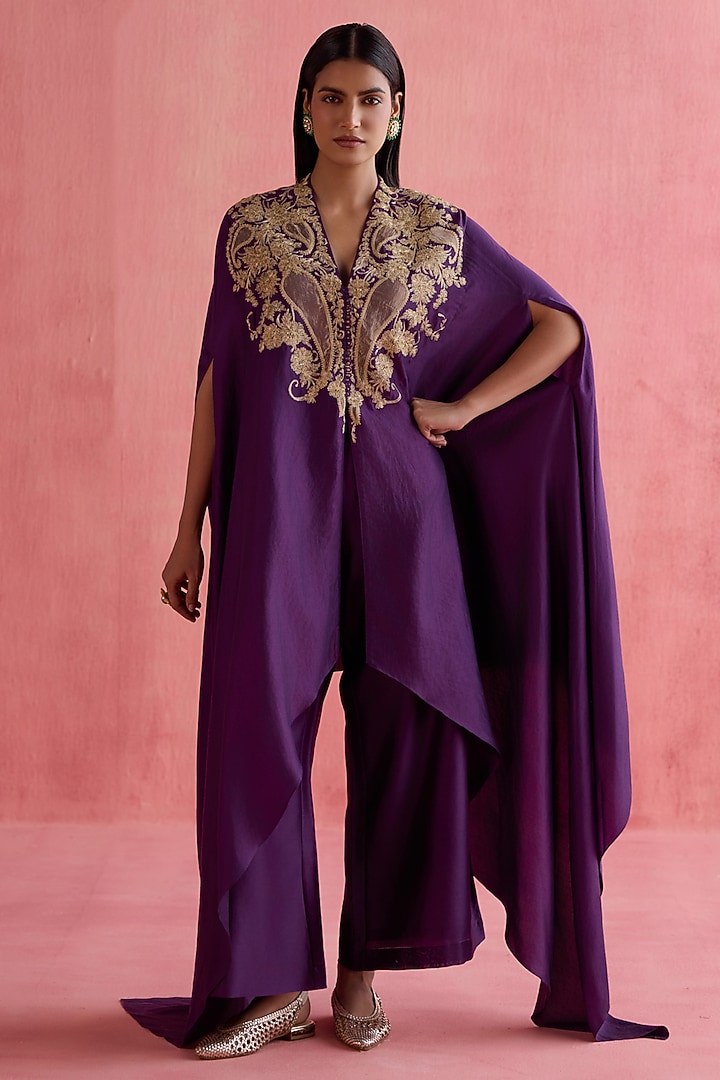 Purple Silk Chanderi Zari Embroidered Cape Set by Devnaagri at Pernia's Pop Up Shop