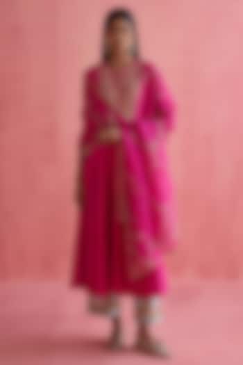 Fuchsia Silk Chanderi Dabka Embellished Wedding Anarkali Set by Devnaagri at Pernia's Pop Up Shop