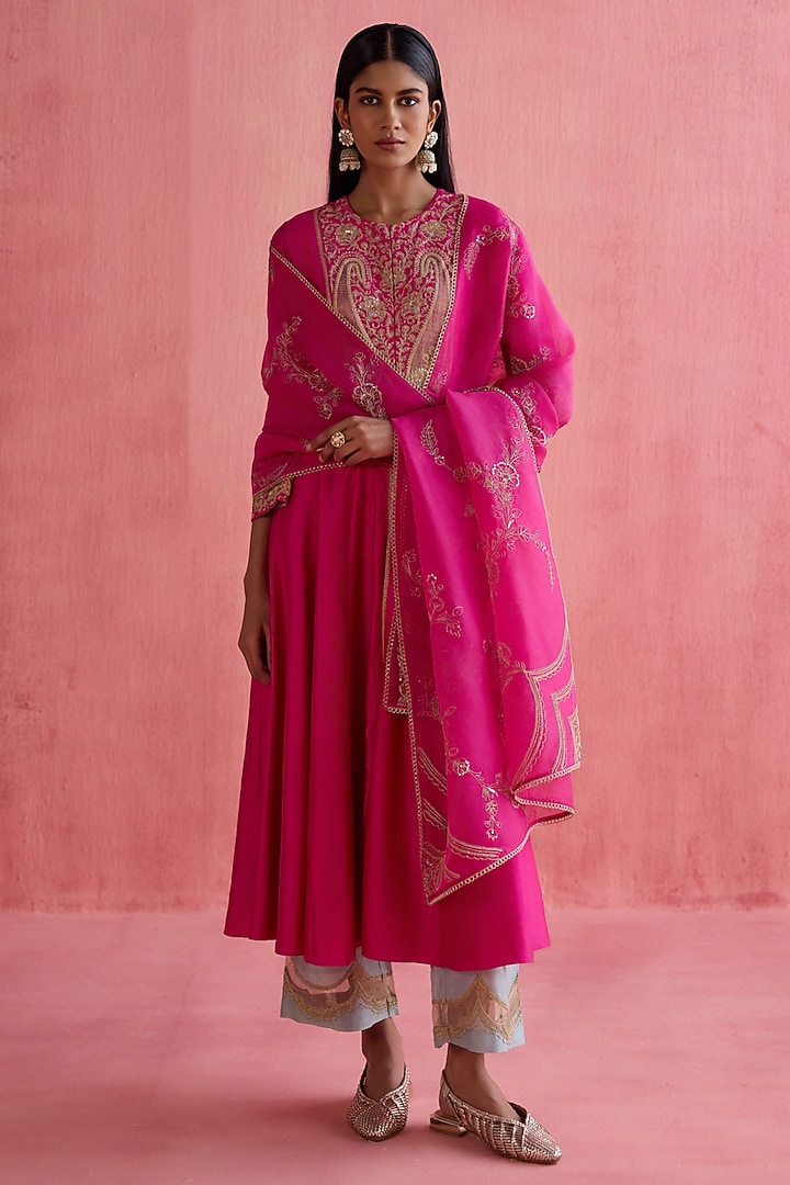 Fuchsia Silk Chanderi Dabka Embellished Wedding Anarkali Set by Devnaagri at Pernia's Pop Up Shop