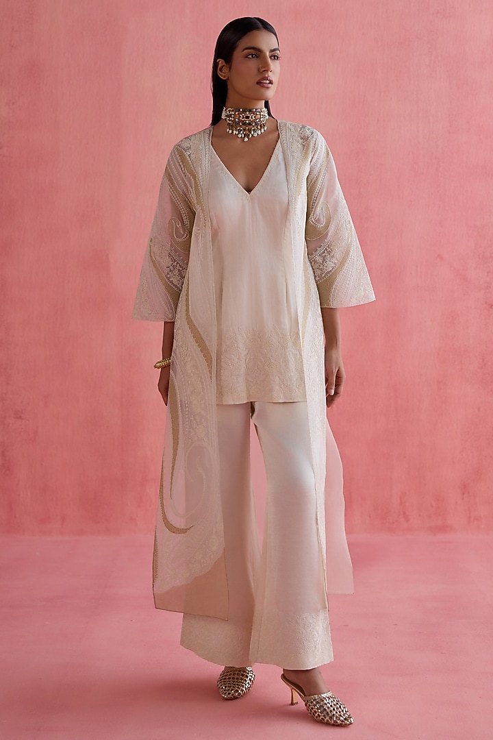 Ivory Silk Organza Dori Embroidered Jacket Set by Devnaagri at Pernia's Pop Up Shop