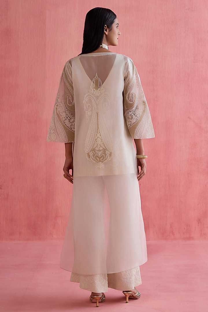 Ivory Silk Organza Dori Embroidered Jacket Set by Devnaagri at Pernia's Pop Up Shop
