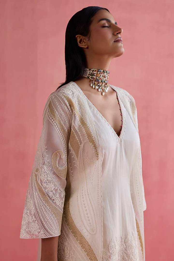 Ivory Silk Organza Dori Embroidered Jacket Set by Devnaagri at Pernia's Pop Up Shop