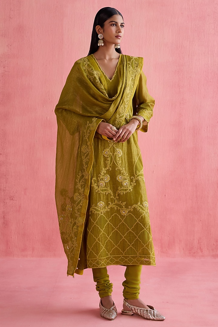 Green Shimmer Chanderi Sequins Embroidered Kurta Set by Devnaagri at Pernia's Pop Up Shop