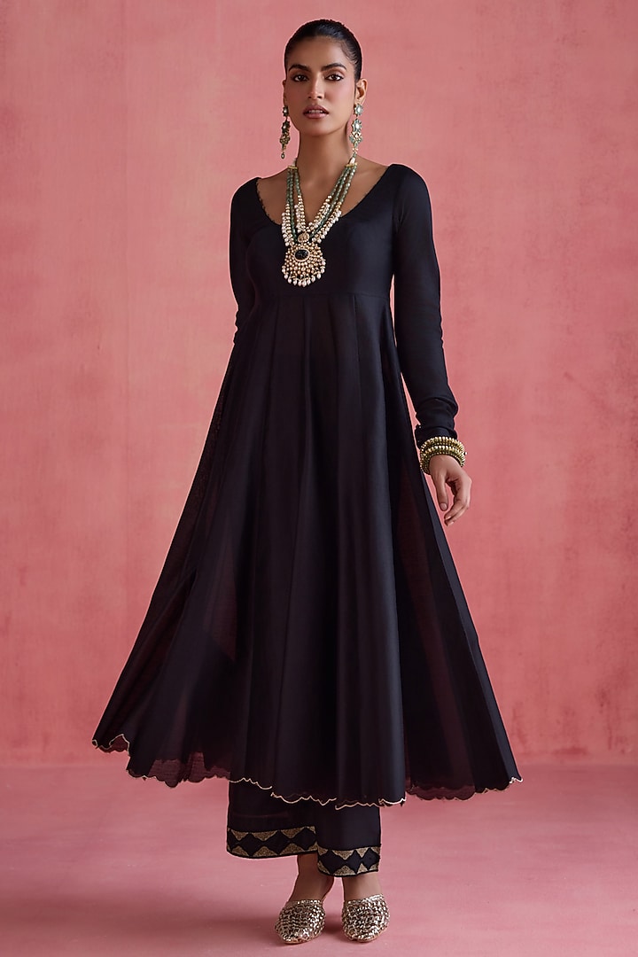 Black Silk Chanderi Dori Embroidered Wedding Anarkali Set by Devnaagri at Pernia's Pop Up Shop