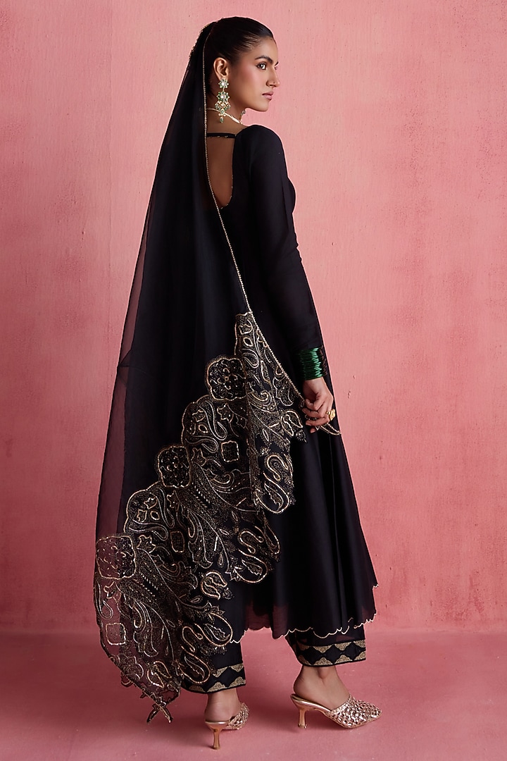 Black Silk Chanderi Dori Embroidered Wedding Anarkali Set by Devnaagri at Pernia's Pop Up Shop