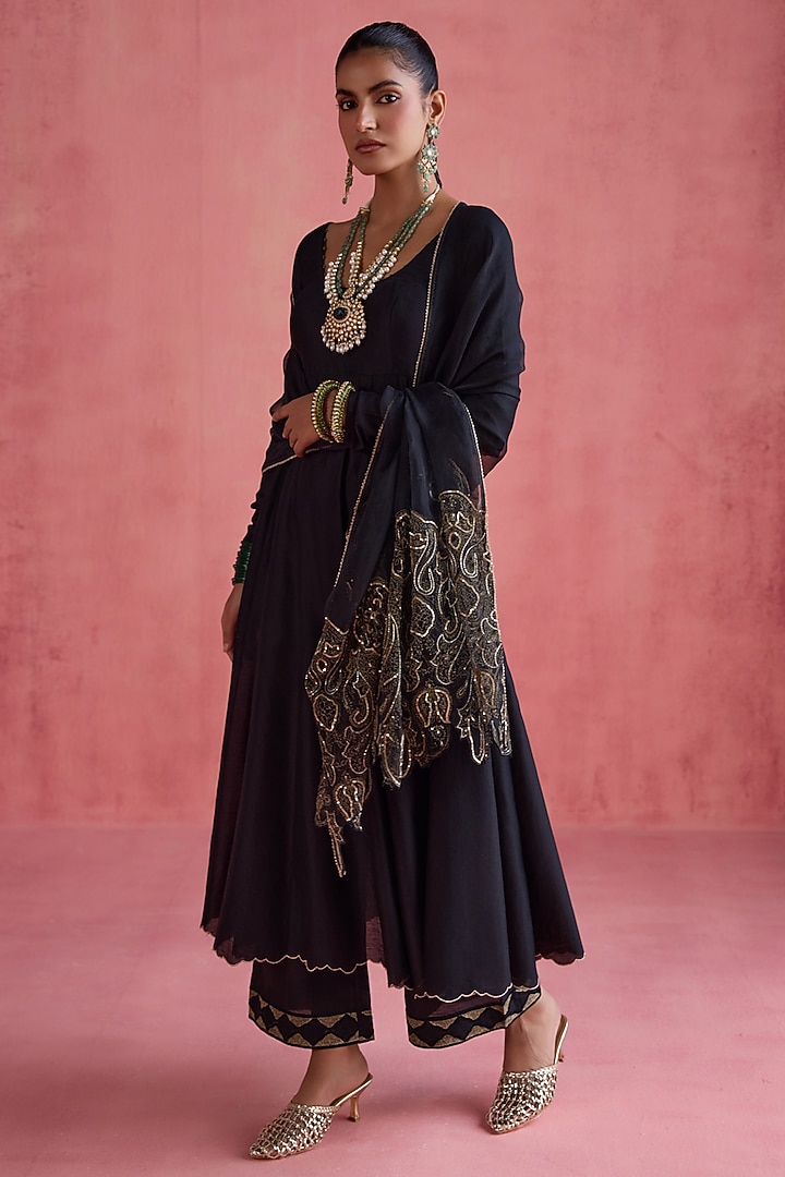 Black Silk Chanderi Dori Embroidered Wedding Anarkali Set by Devnaagri at Pernia's Pop Up Shop