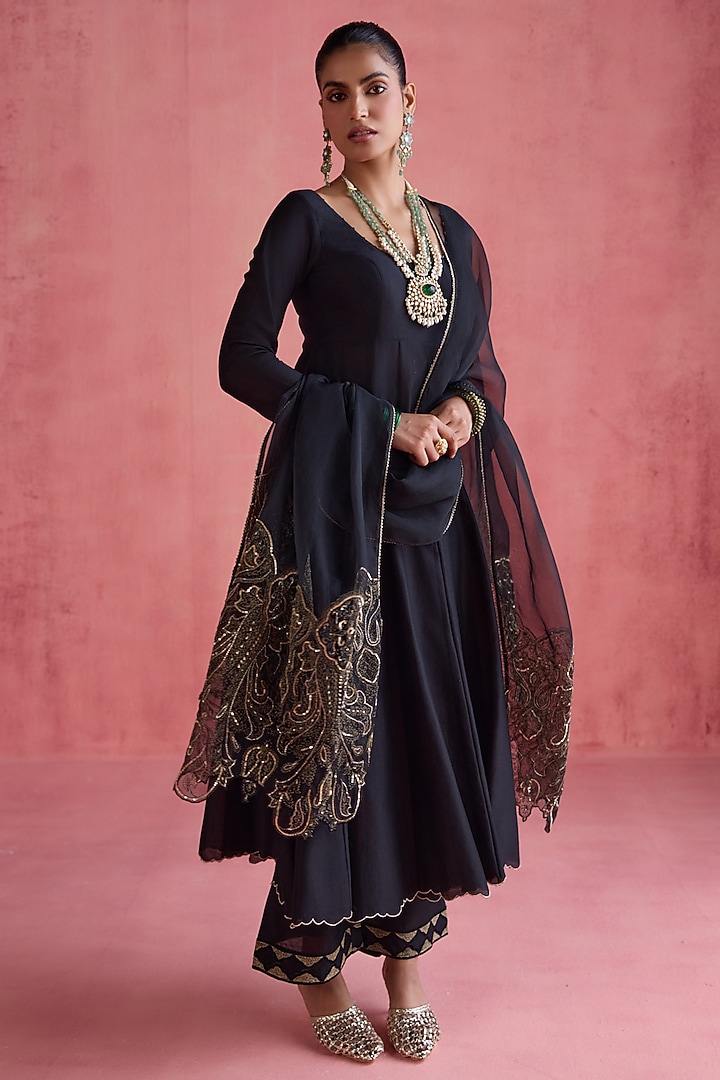 Black Silk Chanderi Dori Embroidered Wedding Anarkali Set by Devnaagri at Pernia's Pop Up Shop