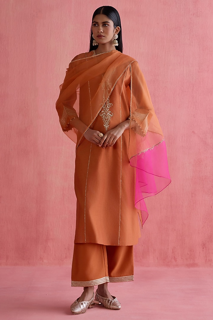 Orange Silk Chanderi Sequins Embroidered Wedding Anarkali Set by Devnaagri at Pernia's Pop Up Shop
