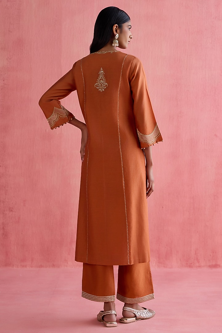 Orange Silk Chanderi Sequins Embroidered Wedding Anarkali Set by Devnaagri at Pernia's Pop Up Shop