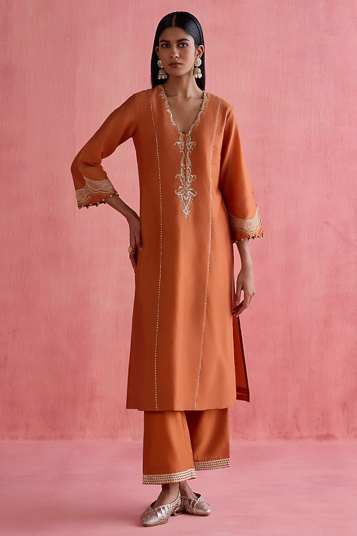 Orange Silk Chanderi Sequins Embroidered Wedding Anarkali Set by Devnaagri at Pernia's Pop Up Shop
