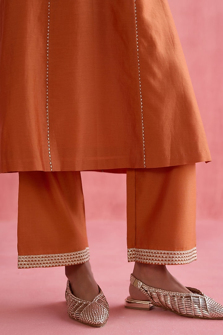Orange Silk Chanderi Sequins Embroidered Wedding Anarkali Set by Devnaagri at Pernia's Pop Up Shop