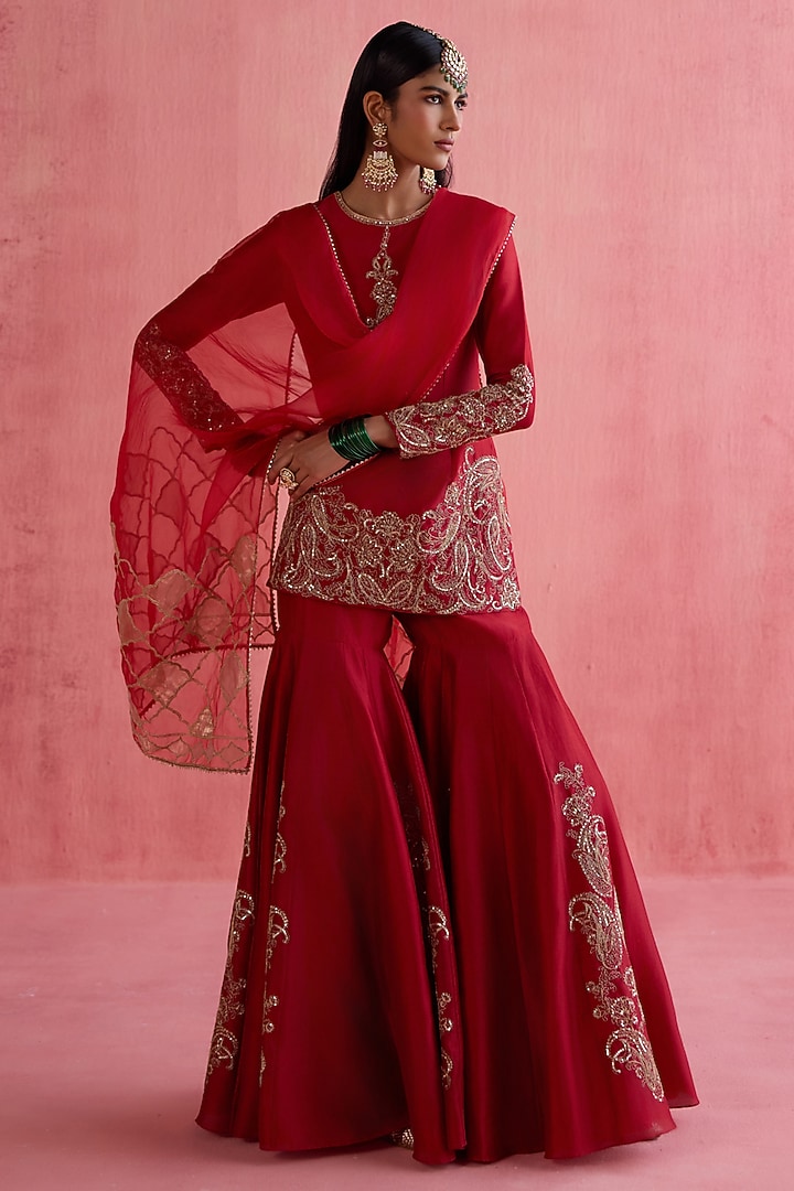 Red Silk Chanderi Sequins Embroidered Bridal Sharara Set by Devnaagri at Pernia's Pop Up Shop