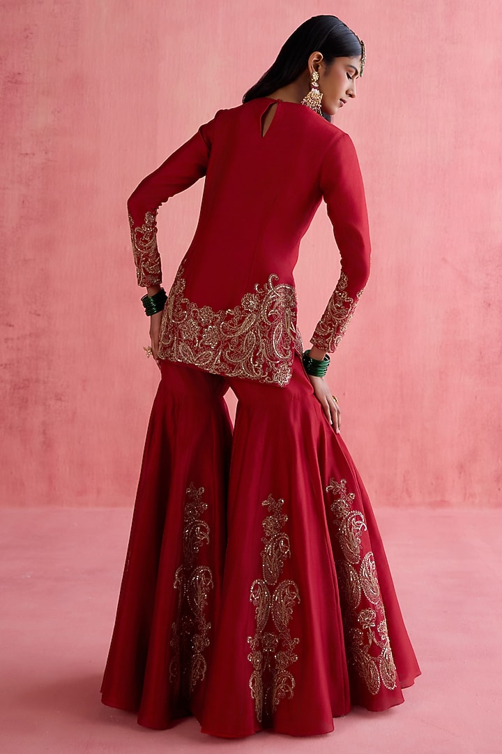 Red Silk Chanderi Sequins Embroidered Bridal Sharara Set by Devnaagri at Pernia's Pop Up Shop