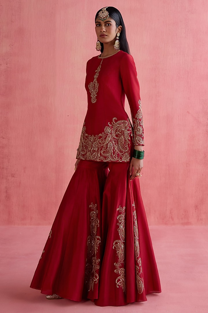 Red Silk Chanderi Sequins Embroidered Bridal Sharara Set by Devnaagri at Pernia's Pop Up Shop