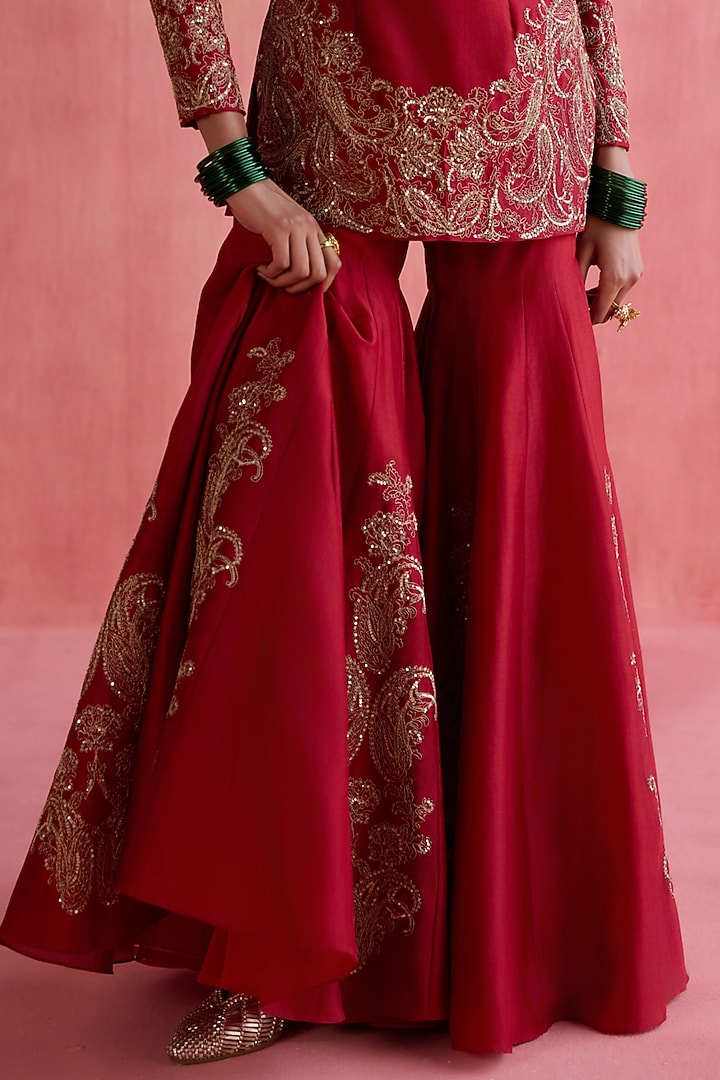 Red Silk Chanderi Sequins Embroidered Bridal Sharara Set by Devnaagri at Pernia's Pop Up Shop