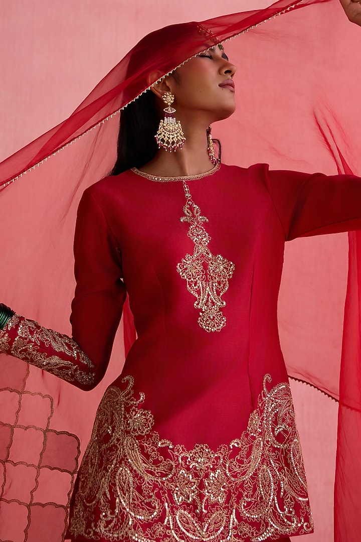 Red Silk Chanderi Sequins Embroidered Bridal Sharara Set by Devnaagri at Pernia's Pop Up Shop