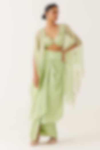 Pistachio Green Satin Draped Skirt Set by Devnaagri at Pernia's Pop Up Shop