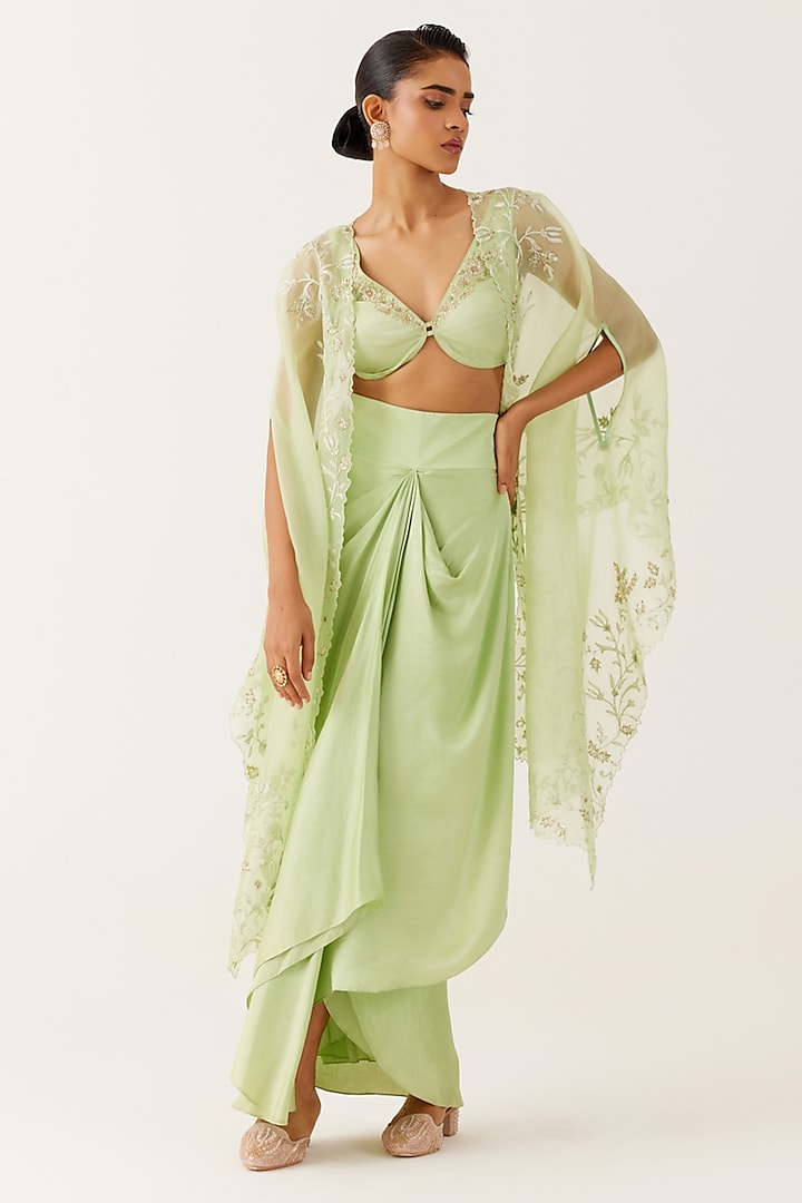 Pistachio Green Satin Draped Skirt Set by Devnaagri at Pernia's Pop Up Shop