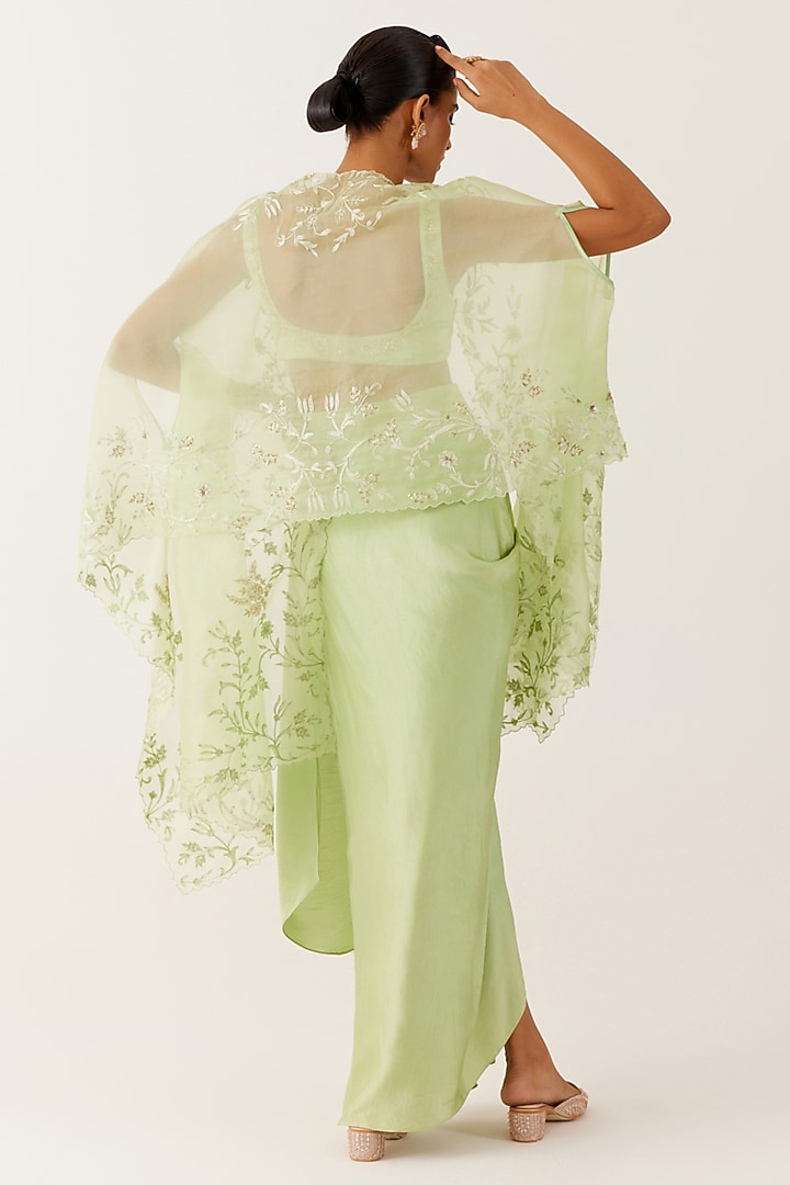 Pistachio Green Satin Draped Skirt Set by Devnaagri at Pernia's Pop Up Shop