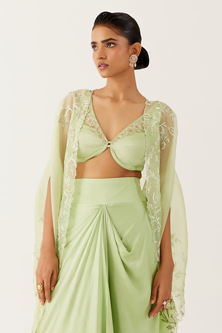 Pistachio Green Satin Draped Skirt Set by Devnaagri at Pernia's Pop Up Shop