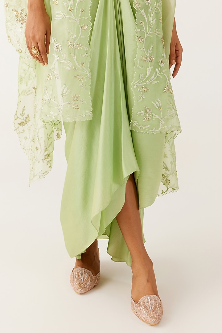 Pistachio Green Satin Draped Skirt Set by Devnaagri at Pernia's Pop Up Shop
