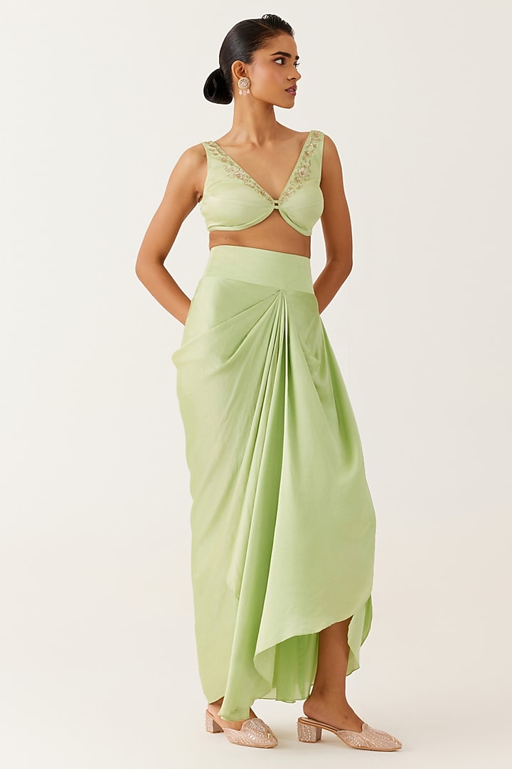 Pistachio Green Satin Draped Skirt Set by Devnaagri at Pernia's Pop Up Shop