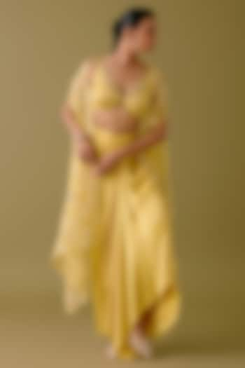 Yellow Satin Draped Skirt Set by Devnaagri at Pernia's Pop Up Shop