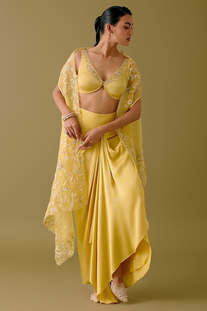 Yellow Satin Draped Skirt Set by Devnaagri at Pernia's Pop Up Shop