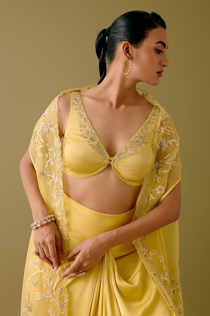 Yellow Satin Draped Skirt Set by Devnaagri at Pernia's Pop Up Shop