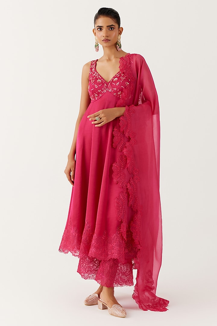 Fuchsia Pink Satin Sequins Embroidered Anarkali Set by Devnaagri at Pernia's Pop Up Shop