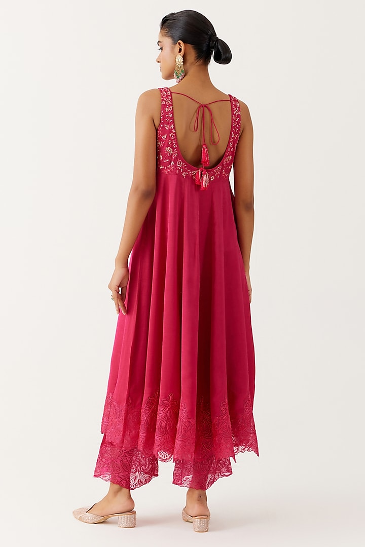 Fuchsia Pink Satin Sequins Embroidered Wedding Anarkali Set by Devnaagri at Pernia's Pop Up Shop