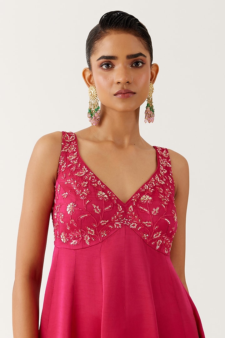 Fuchsia Pink Satin Sequins Embroidered Wedding Anarkali Set by Devnaagri at Pernia's Pop Up Shop