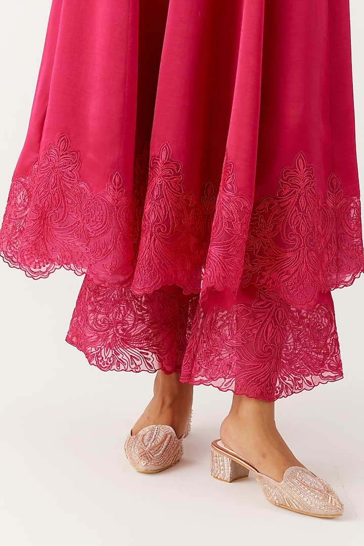 Fuchsia Pink Satin Sequins Embroidered Wedding Anarkali Set by Devnaagri at Pernia's Pop Up Shop